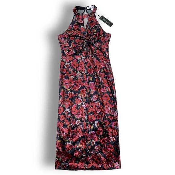 NWT BCBG Floral Velvet Halter Cut Out Midi Dress - Picture 4 of 14